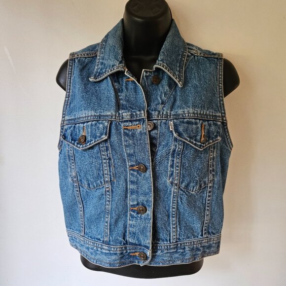 VTG 90s Levis Denim Trucker Vest Women's Small S Jeans Waist Logo Festival - Picture 2 of 11